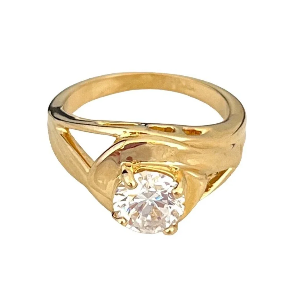 Vintage 1970s Ring Size 8 CZ Solitaire Openwork Gold Plated Band - 14R
